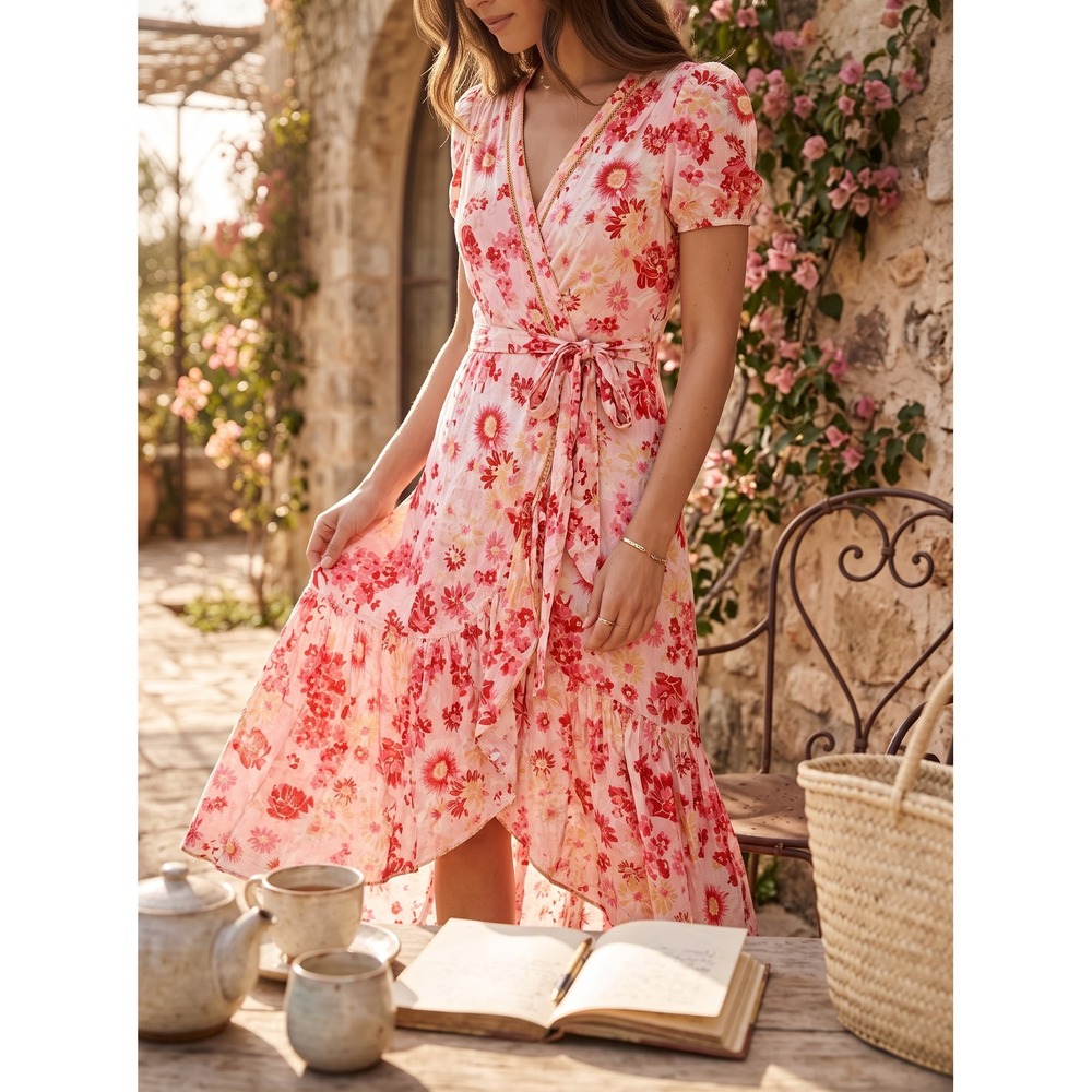 Boho Poupette St Barth Floral Maxi Dress L Pink Resort Ruffle High Low V-Neck